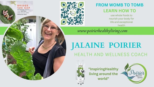 Jalaine Poirier Card: A person smiling and holding a vegetable with contact details about Jalaine Porier and a QR Code to scan and connect with