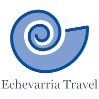 A blue and white logo in the shape of a shell used for Echevarria Travel