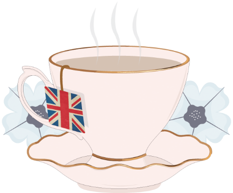 A cup of tea with a flag on it used as the logo for Houses of Windsor website.