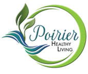 A logo with green leaves circling blue text of Poirier Healthy Living