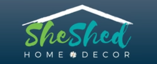 A logo for a company She Shed home Decor, colored in blue and green