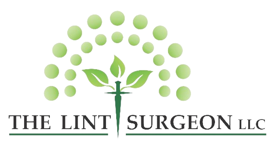 A logo with leaves and dots with the words the Lint Surgeon llc.