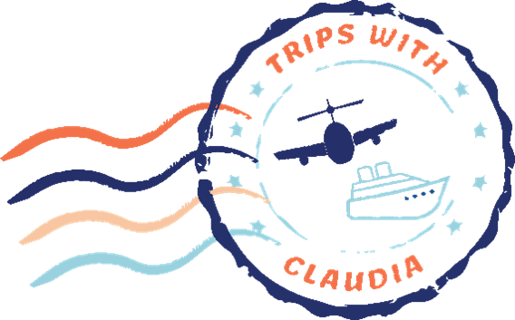 A logo with the text Trips with Claudia in a style mailed stamp effect with the drawing of an aeroplane and ship in the center