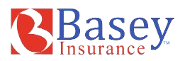 A blue and red logo with the words Basey Insurance the Letter B is slanted in a Red Box before the words